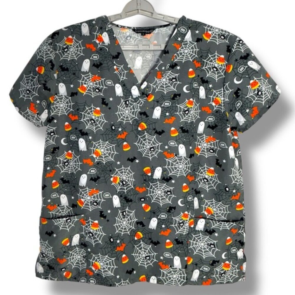Cassandra O Halloween Theme Scrub Top Pockets Candy Corn Ghosts Gray Multi XL - Picture 13 of 16